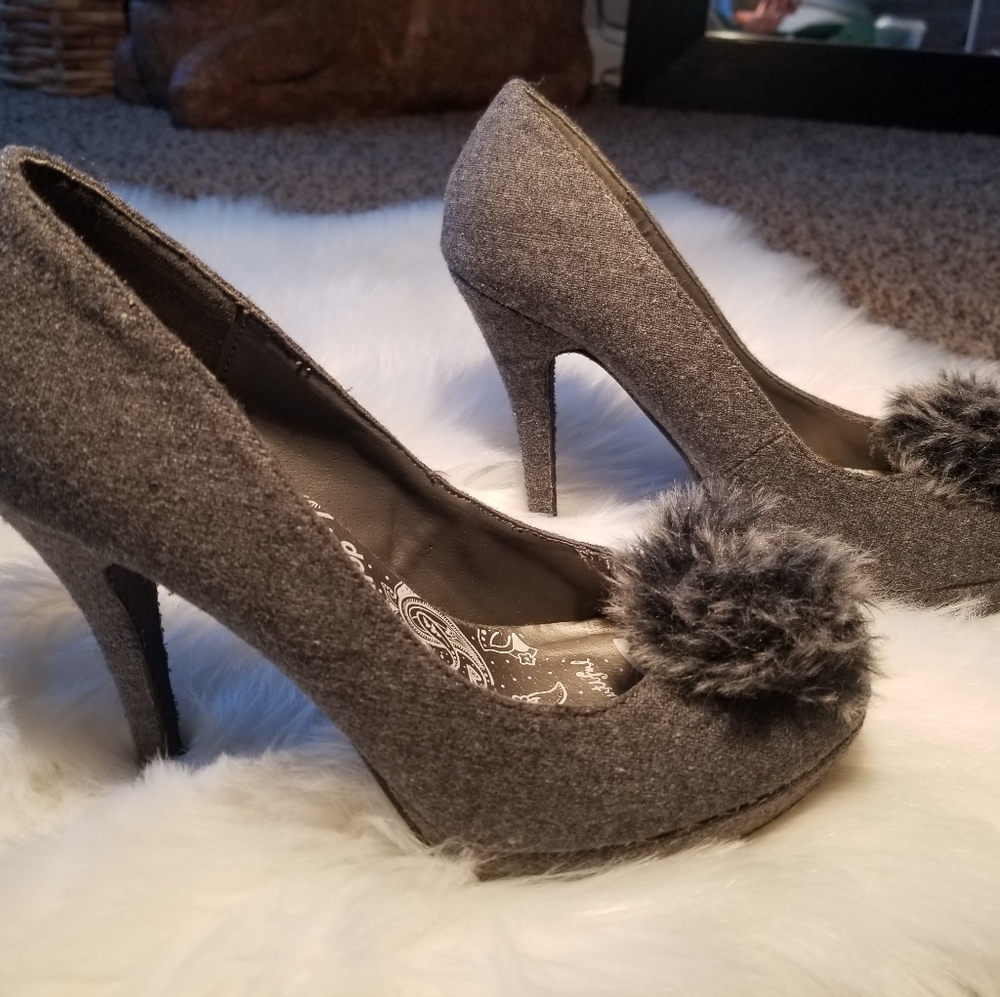 Grey pom pom heels